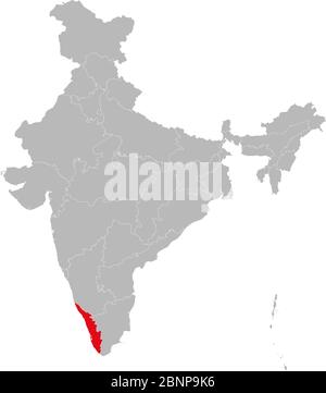 Mappa dello stato del Kerala evidenziata sulla mappa indiana. Sfondo grigio chiaro. Perfetto per concetti aziendali, sfondo, sfondi, etichetta, adesivo, grafico, ecc. Illustrazione Vettoriale