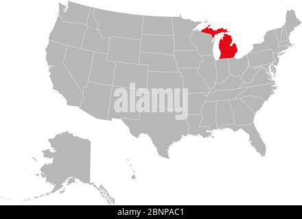 Stato del Michigan evidenziato sulla mappa politica USA vettore illustrazione. Sfondo grigio. Illustrazione Vettoriale