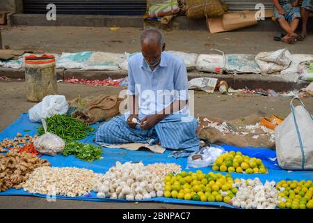 Un venditore di strada che vende verdure nel mercato. Foto Stock