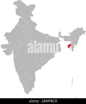 Mappa di stato di Tripura evidenziata sulla mappa indiana. Sfondo grigio chiaro. Perfetto per concetti aziendali, sfondo, sfondi, etichetta, adesivo, grafico, ecc. Illustrazione Vettoriale