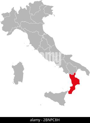 Calabria evidenziata sulla mappa dell'italia. Sfondo grigio. Mappa politica italiana. Illustrazione Vettoriale