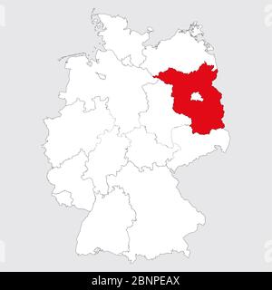 Provincia di Brandeburgo indicata sulla mappa della germania. Perfetto per concetti aziendali, sfondi, sfondo, etichetta, adesivo, grafico e sfondi. Illustrazione Vettoriale