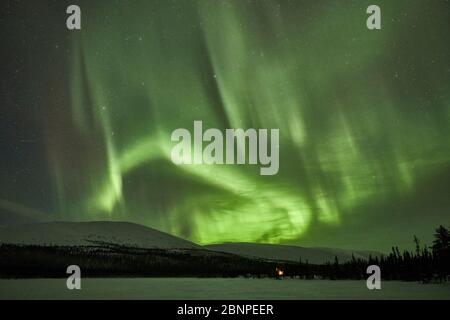 Finlandia, Lapponia, Pallastunturi, paesaggio, cielo stellato, aurora boreale, notte Foto Stock