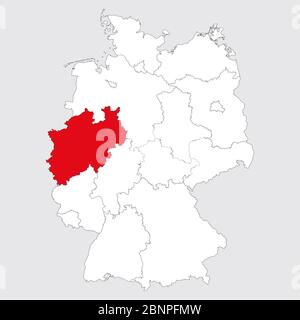 Provincia Nord reno-westfalia evidenziata mappa della germania. Sfondo grigio. Mappa politica tedesca. Illustrazione Vettoriale