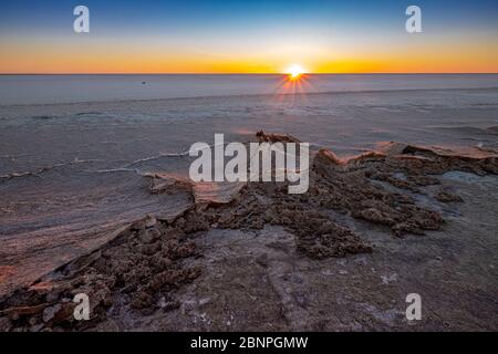 Tramonto / Alba a croste di sale bianco su fango sulla riva del grande, arida-zona Kati Thana-Lago Eyre nel Outback nel nord dell'Australia del Sud Foto Stock