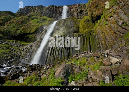 Bjarnafoss vicino Landakotsgil sulla costa meridionale della penisola di Snaefellsnes cade 80 m sopra le colonne di basalto. Foto Stock