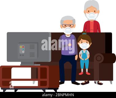 nonni con nipote che usano la maschera di visione della tv Illustrazione Vettoriale