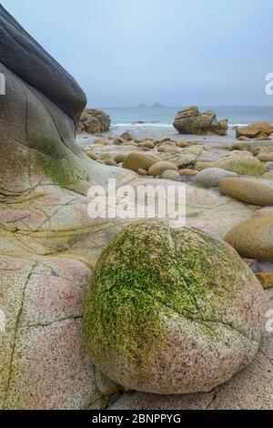 Baia rocciosa con massi, Porth Nanven, Penzance, Cornovaglia, Inghilterra sud-occidentale, Inghilterra, Regno Unito, Europa Foto Stock