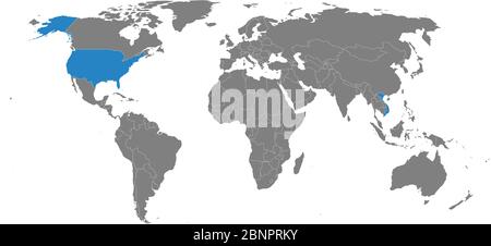 Vietnam, USA mappa politica evidenziata sulla mappa mondiale. Sfondo grigio. Concetti di business commercio, relazioni economiche estere. Illustrazione Vettoriale