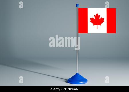 Il rendering 3d realistico bandiera nazionale del Canada su palo di acciaio su sfondo grigio isolato. Bandiera da tavolo vuota, adatta per design, mockup Foto Stock