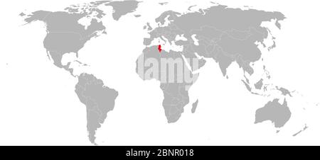 Paese della Tunisia evidenziato sulla mappa mondiale. Sfondo grigio. Perfetto per sfondi, sfondo, concetti aziendali, grafico, etichetta, adesivi e sfondi. Illustrazione Vettoriale