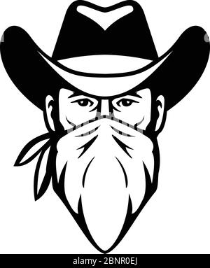 Illustrazione in bianco e nero della testa del bandito, fuorilegge o uomo d'altura che indossa cappello da cowboy e maschera facciale, bandana, fazzoletto o bandanna vista frontale su iso Illustrazione Vettoriale