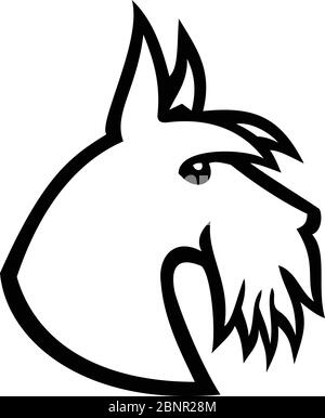Illustrazione in bianco e nero della testa di un cane scozzese Terrier, Aberdeen Terrier o Scottie visto da un lato su sfondo isolato in stile retrò. Illustrazione Vettoriale