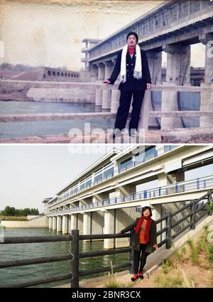 (200516) -- CONTEA di JUXIAN, 16 maggio 2020 (Xinhua) -- la combinazione di foto mostra Yu Shu'ai che si pone vicino alla fuoriuscita del bacino idrico di Qingfengling nel 1998 (foto in alto fornita da Yu Shu'ai) e il 13 maggio 2020 (foto in basso scattata da Wang Kai), rispettivamente. Quando Yu Shu'ai ha perso il suo marito in 2012, la vita ha girato duro downright -- le fatture mediche avevano esaurito tutti i suoi risparmi di famiglia, lasciando Yu ed il suo figlio in sforzo finanziario. Nel 2014, quando il governo locale di Anzhuang invitò Yu a partecipare a uno dei progetti di riduzione della povertà della cittadina, le sue condizioni di vita iniziarono a migliorare. Per aiutare impov Foto Stock