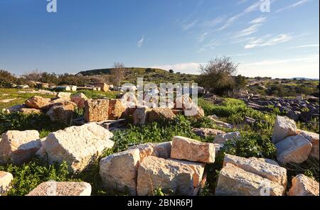 Vista sul verde paesaggio biblico e rovine archeologiche Beit Guvrin Maresha durante l'inverno, Israele. Gennaio 2019 Foto Stock