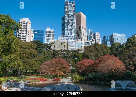 Skyline della città visto dai Treasury Gardens, sul margine orientale del quartiere centrale degli affari, Melbourne, Australia Foto Stock