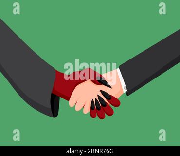 Uomo d'affari e diavolo stretta di mano. Trattare la partnership monetaria con il cattivo uomo d'affari. Illustrazione Vettoriale