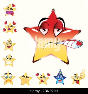 Illustrazione di Sick Star Emoji. Rosso Verde giallo combinazione di colori. Icona vettore stock. Sfondo chiaro. Illustrazione Vettoriale