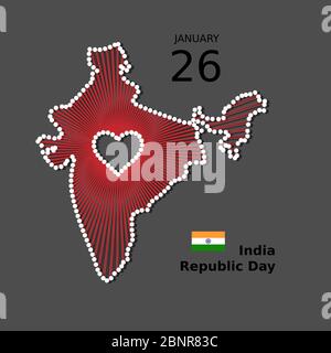 Poster vettore India Happy Republic Day, sfondo, banner. Illustrazione patriottica dell'unità del paese indiano con mappa, bandiera, cuore Illustrazione Vettoriale