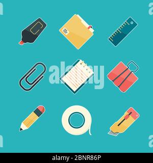 Set di icone per cancelleria. Pennarello graffetta graffatrice evidenziatore attrezzatura forniture ufficio simboli vettoriali piatti Illustrazione Vettoriale