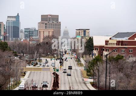 Vista di Boise Idaho dal deposito dei treni, Boise Idaho USA, 30 marzo 2020 Foto Stock