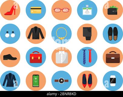 Icone di guardaroba business. Abiti stile ufficio per lavoro maschile e femminile casual gonna tuta giacca cappello borsa simboli vettoriali colorati Illustrazione Vettoriale