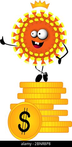 Il virus Covid-19 si trova sopra una pila di monete. Il concetto di caduta dell'economia mondiale, crisi economica, crollo della moneta Illustrazione Vettoriale