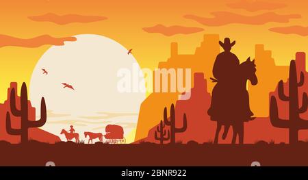 Silhouette paesaggio selvaggio ovest. Cowboy silhouette su furgone a cavallo con pilota. Illustrazione Vettoriale