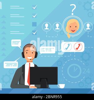 Concetto di servizio clienti. 24h business online support manager operatori lamentano vettore immagine di fondo Illustrazione Vettoriale