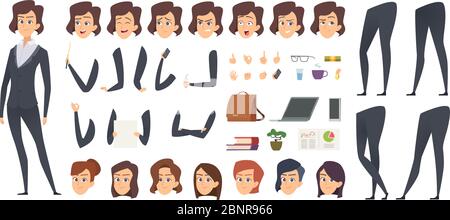 Animazione donna di affari. Kit di creazione parti del corpo del manager femminile e strumenti per ufficio costruttore di caratteri vettoriali Illustrazione Vettoriale