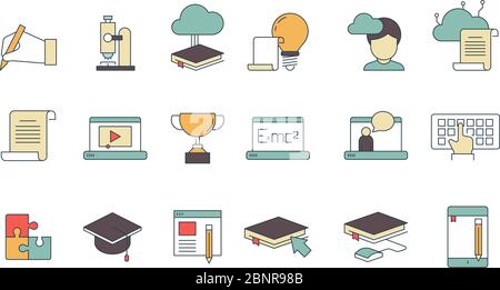 Simboli online per l'istruzione. Corsi speciali di apprendimento università con lavoro a distanza tutorial online vettore sottile linea icone colorate Illustrazione Vettoriale