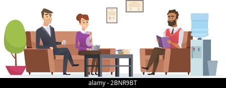 Sala d'attesa per gli affari. Persone presso la lobby dell'ufficio, interni moderni, seduti, pausa tè, ricevimento caratteri vettoriali Illustrazione Vettoriale