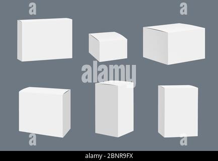 Mockup dei pacchetti vuoti. Quadrate bianco scatole chiuse contenitori vettore modello realistico isolato Illustrazione Vettoriale