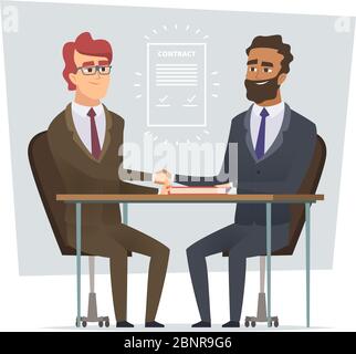 Firma il contratto. Business meeting vendita affare commercianti dialogo partenariato vettore cartoni animati caratteri isolati Illustrazione Vettoriale