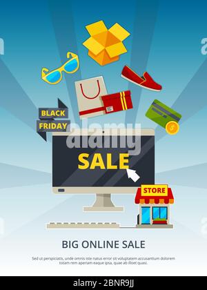 Shopping online. Per i prodotti sul sito web app mobile smartphone estore pagamento su vettore pc sfondo marketing cartellone o poster Illustrazione Vettoriale