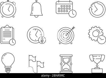 Icone di gestione del tempo. Promemoria progetto commerciale inizio lavori scadenza risparmiare tempo simboli di linea vettoriale Illustrazione Vettoriale