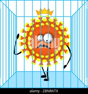 Divertente Virus Covid-19 personaggio in una gabbia. Porre fine all'epidemia. Il mondo dopo il virus. Recupero il concetto di impatto di una pandemia sul Illustrazione Vettoriale