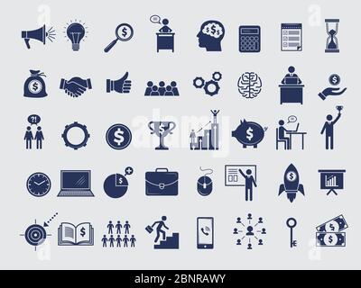 Collezione di simboli aziendali. Diagramma gestori di denaro presso il team di handshake borsa di lavoro frecce pc laptop vettore icone isolate Illustrazione Vettoriale