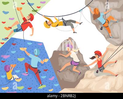 Arrampicati. Sport estremi pareti rocciose rocce e pietre grandi colline rocciose e montagne esplorare vettore sportivi maschile e femminile Illustrazione Vettoriale