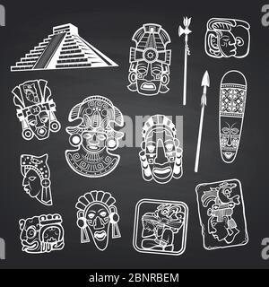 Elementi vettoriali cartoon aztec e maya mask impostati su una lavagna nera illustrazione di sfondo Illustrazione Vettoriale