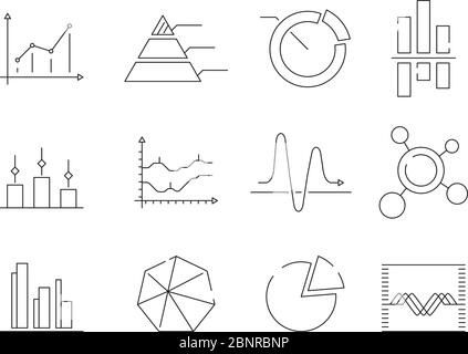 Grafici icone grafici. Statistiche aziendali grafici delineano simboli vettoriali isolati Illustrazione Vettoriale