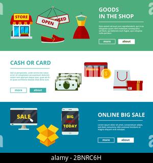 Banner per lo shopping online. E-commerce prodotti web store mobile application marketing strategia concetto vettore immagini piatte Illustrazione Vettoriale