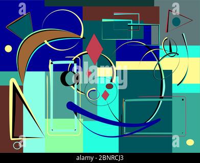 sfondo colorato astratto, forme curve fantasia e linee blu rosso verde Illustrazione Vettoriale