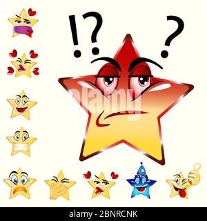 Illustrazione di Angry Star Emoji. Colore della combinazione rosso giallo. Icona vettore stock. Sfondo chiaro. Illustrazione Vettoriale