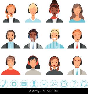 Avatar operatori call center. Uomini e donne servizio clienti contatto help manager immagini web vettoriali Illustrazione Vettoriale