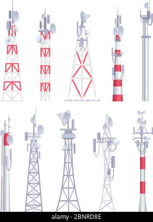 Torre di comunicazione. Radiodiffusione cellulare tv wireless antenna satellitare costruzione immagini vettoriali in stile cartoon Illustrazione Vettoriale