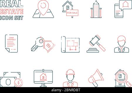 Icona della linea immobiliare. Costruzione vendita casa immobiliare business proprietario di abitazione vettore colorati simboli sottili Illustrazione Vettoriale