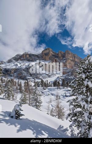 Hochabtei / alta Badia, provincia di Bolzano, Alto Adige, Italia, Europa. La possente parete rocciosa del Heiligkreuzkofel Foto Stock