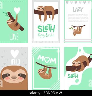 Schede di sloth design. Stampa tessile pajama con cute piccolo animale sonnolento su ramo vettore immagini raccolta Illustrazione Vettoriale