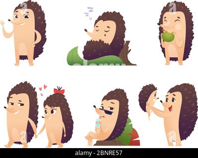 Caratteri hedgehog. Autunno animali selvatici di foresta vettore mascotte cartoon Illustrazione Vettoriale